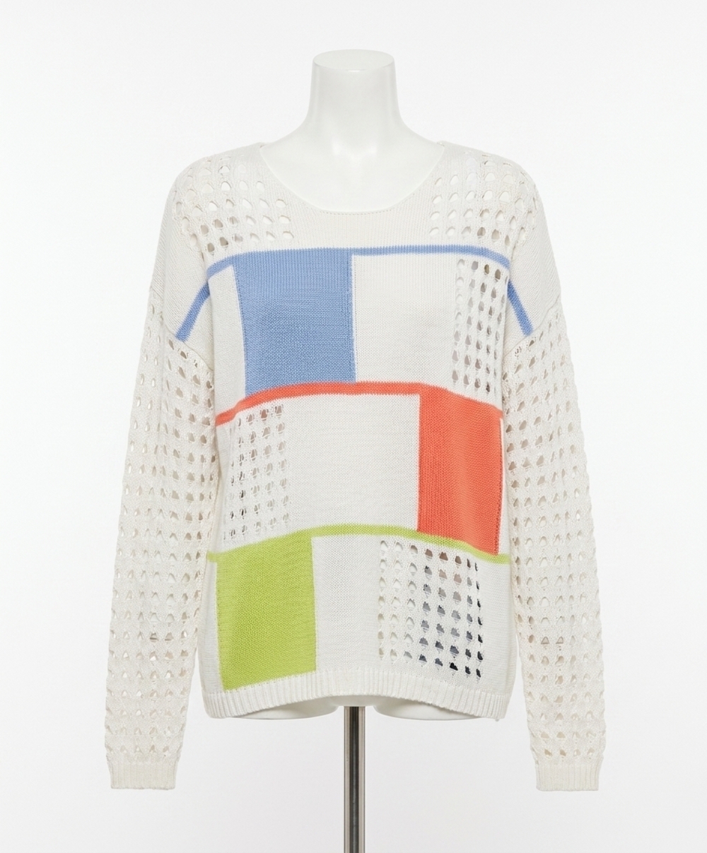 NEW FRENCH KYSS patchwork crochet top in ivory/multi